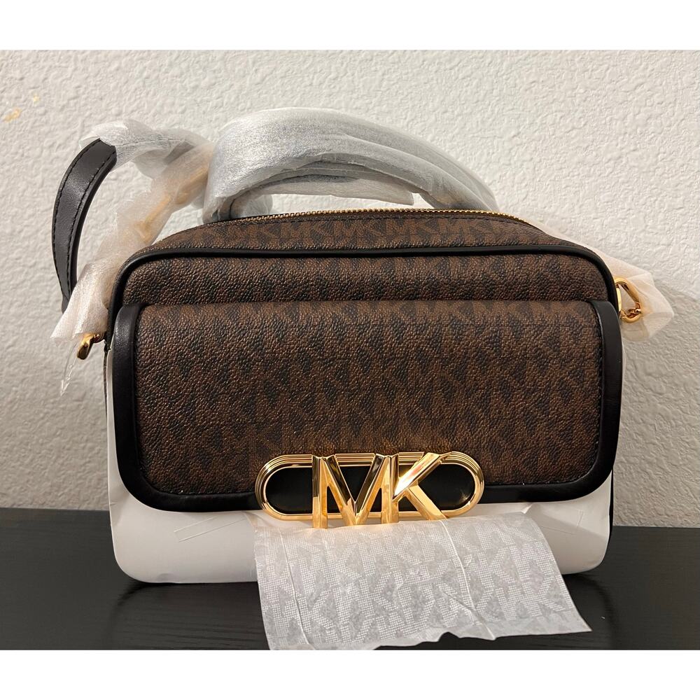 NWT Michael Kors Parker Medium Chain Swag Camera Crossbody Brown/Black